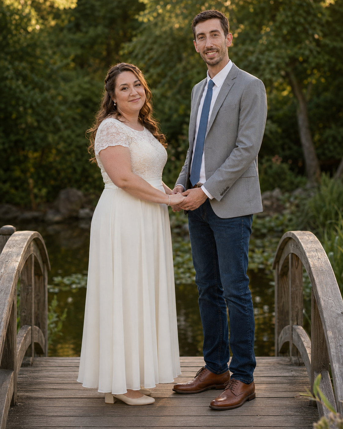 Bride and groom hold hands on a wooden bridge surrounded by lush greenery during golden hour portraits.