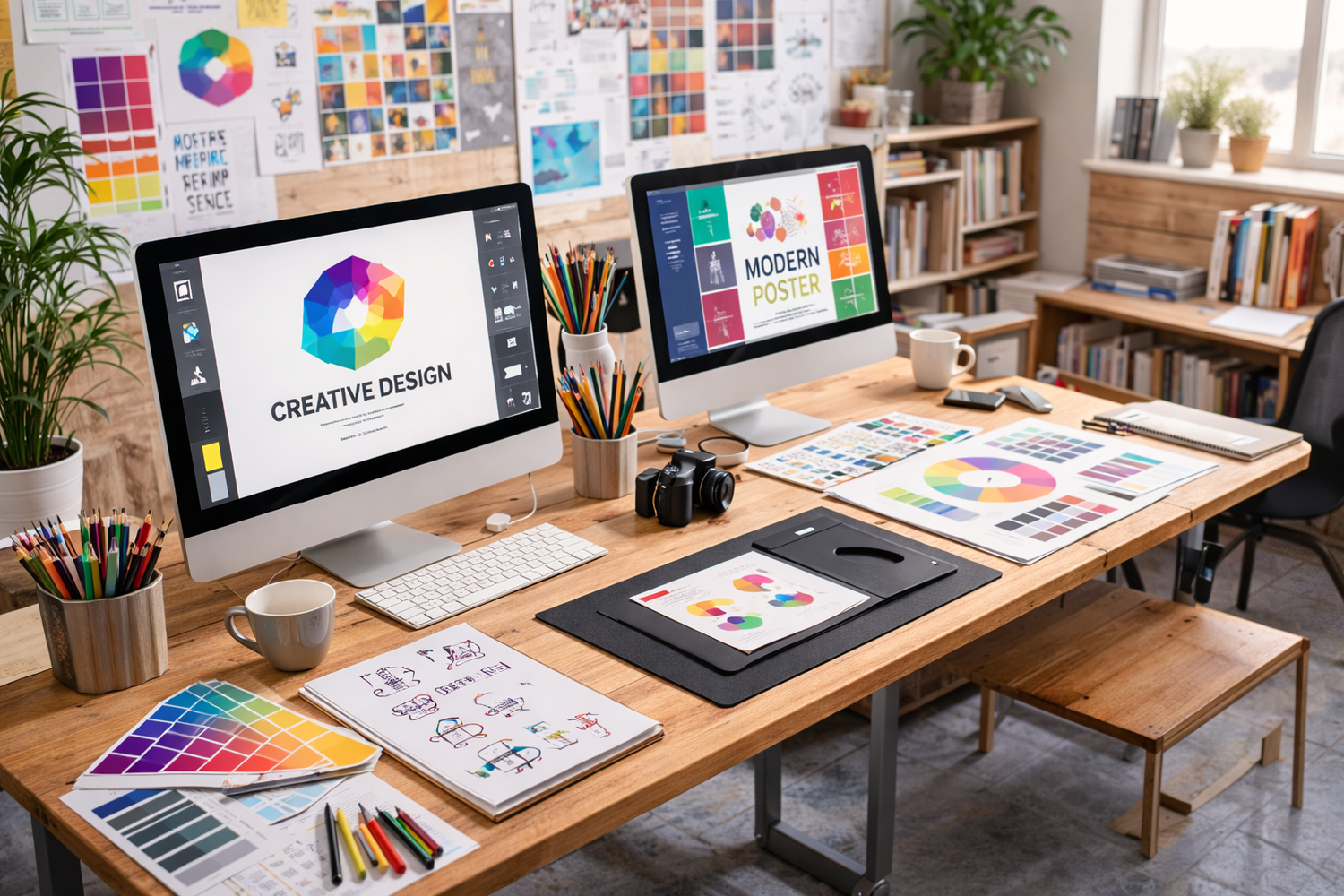 Creative design workspace with wooden desk displaying color swatches, computer monitors, and art supplies.