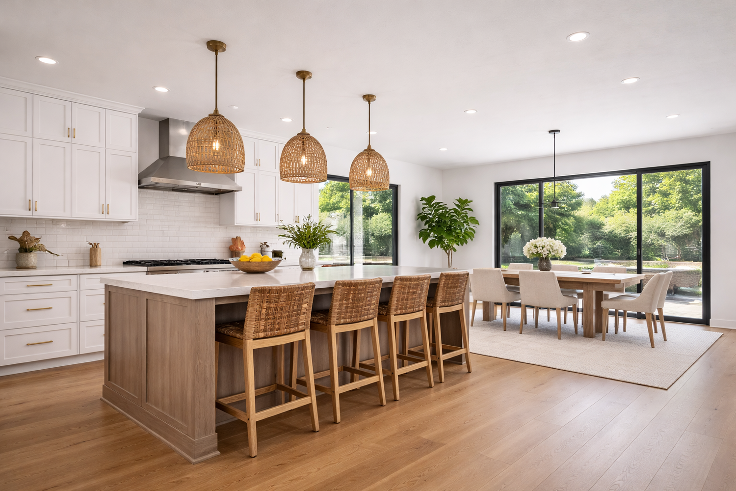 Modern open concept kitchen with white cabinets, wood island, dome pendant lights and dining area overlooking garden windows.