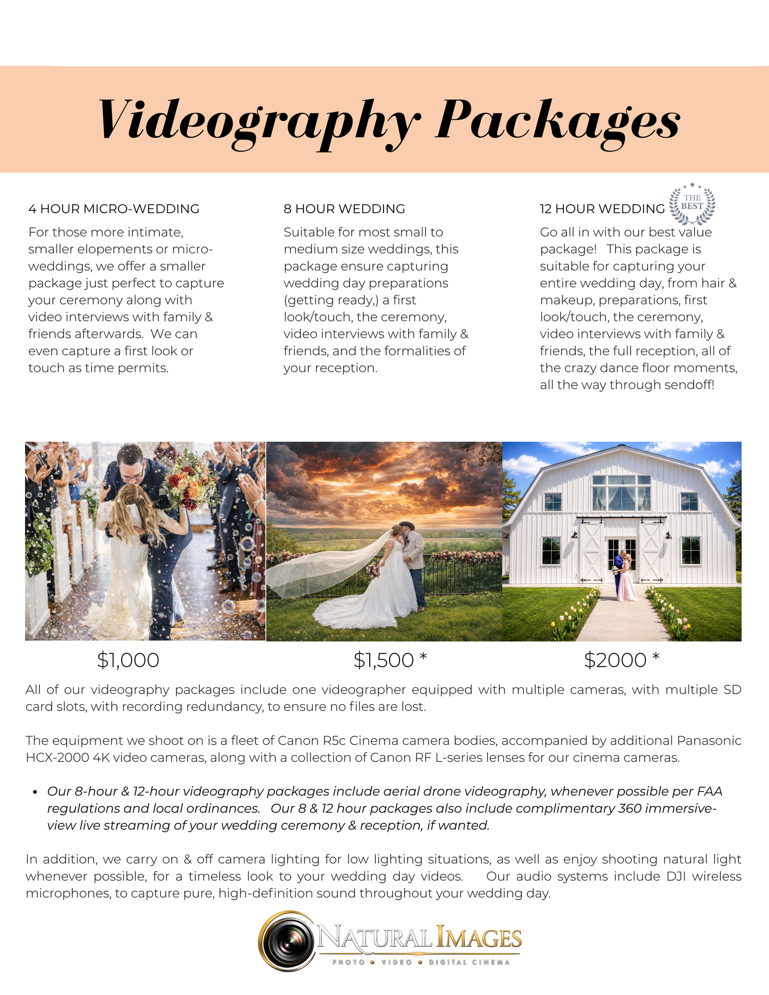Videography packages pricing guide showing wedding ceremony and reception footage options ranging from 1000 to 2000 dollars.