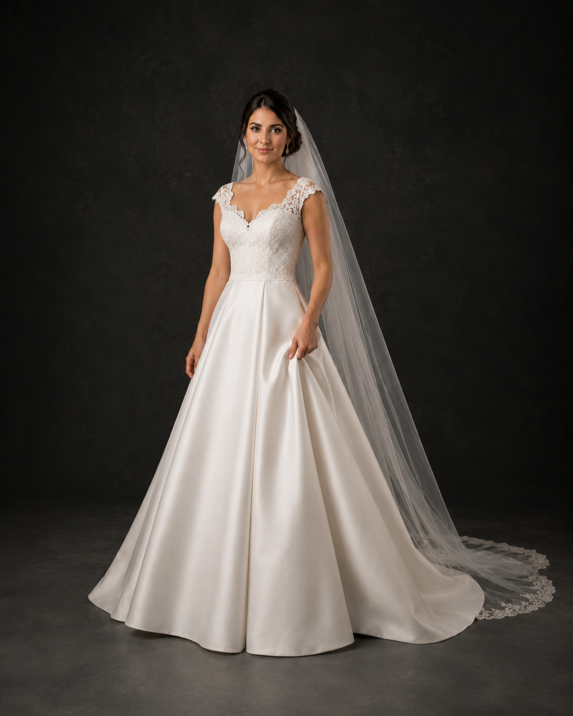 Full-length view of bride in ivory A-line satin wedding dress with lace bodice and elegant cathedral veil.