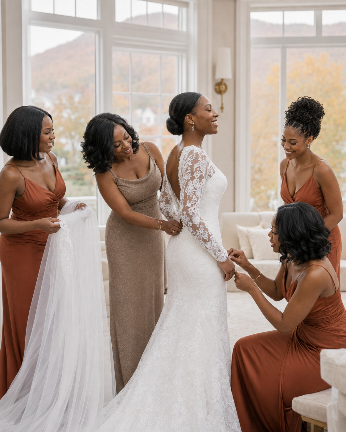 Bridesmaids in rust satin dresses helping bride into lace wedding gown near large windows with mountain views.