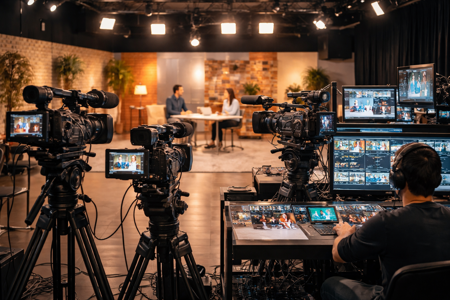 Professional television studio setup with multiple video cameras and production equipment under bright studio lighting.