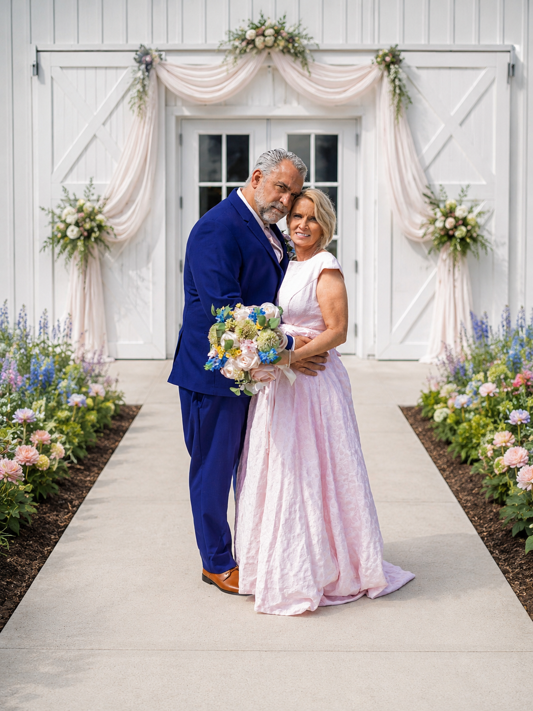 Couple in formal attire poses before white barn doors adorned with floral arrangements and draped fabric.