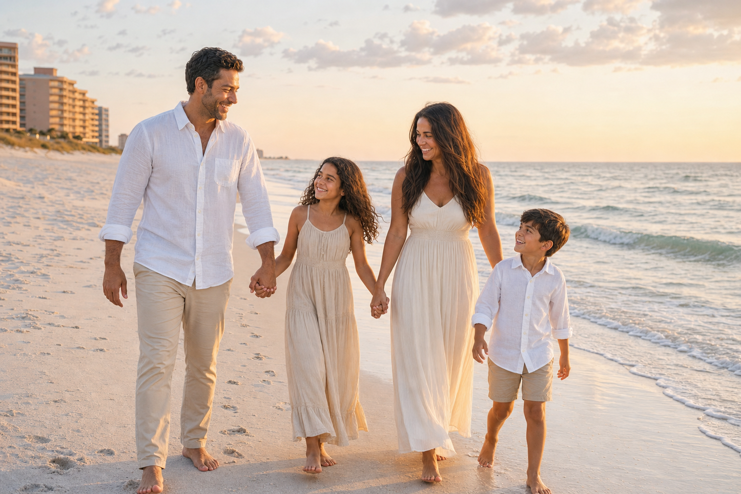 Family of four walking hand-in-hand on a sandy beach at sunset, dressed in white and beige outfits.