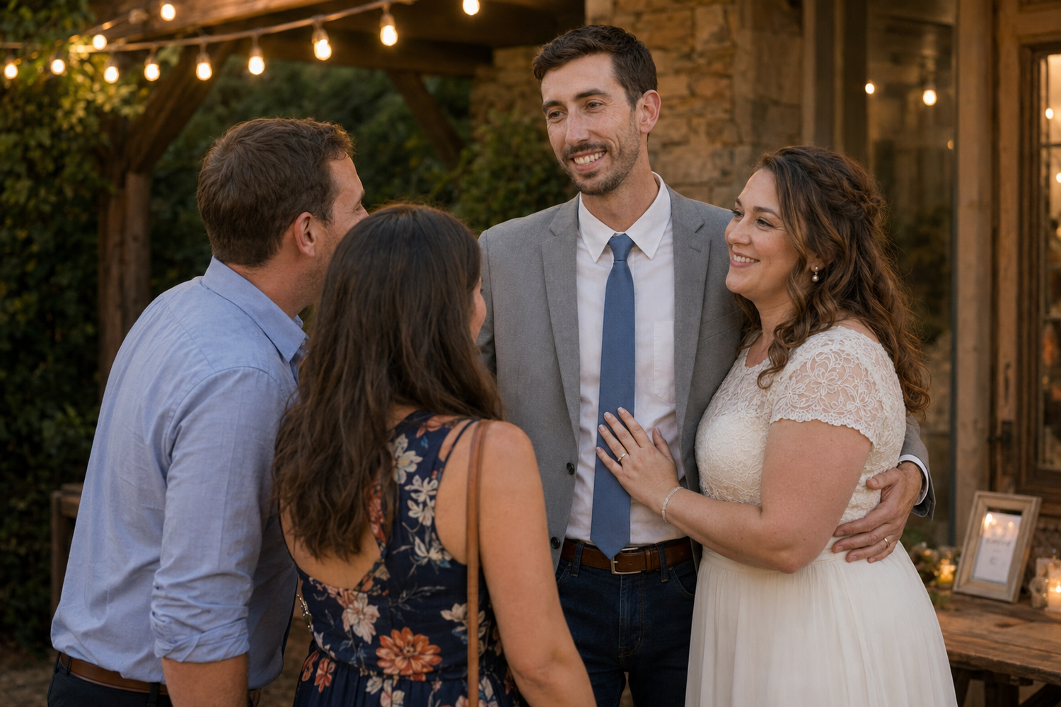 Bride and groom smiling and chatting with wedding guests under string lights at an outdoor reception.