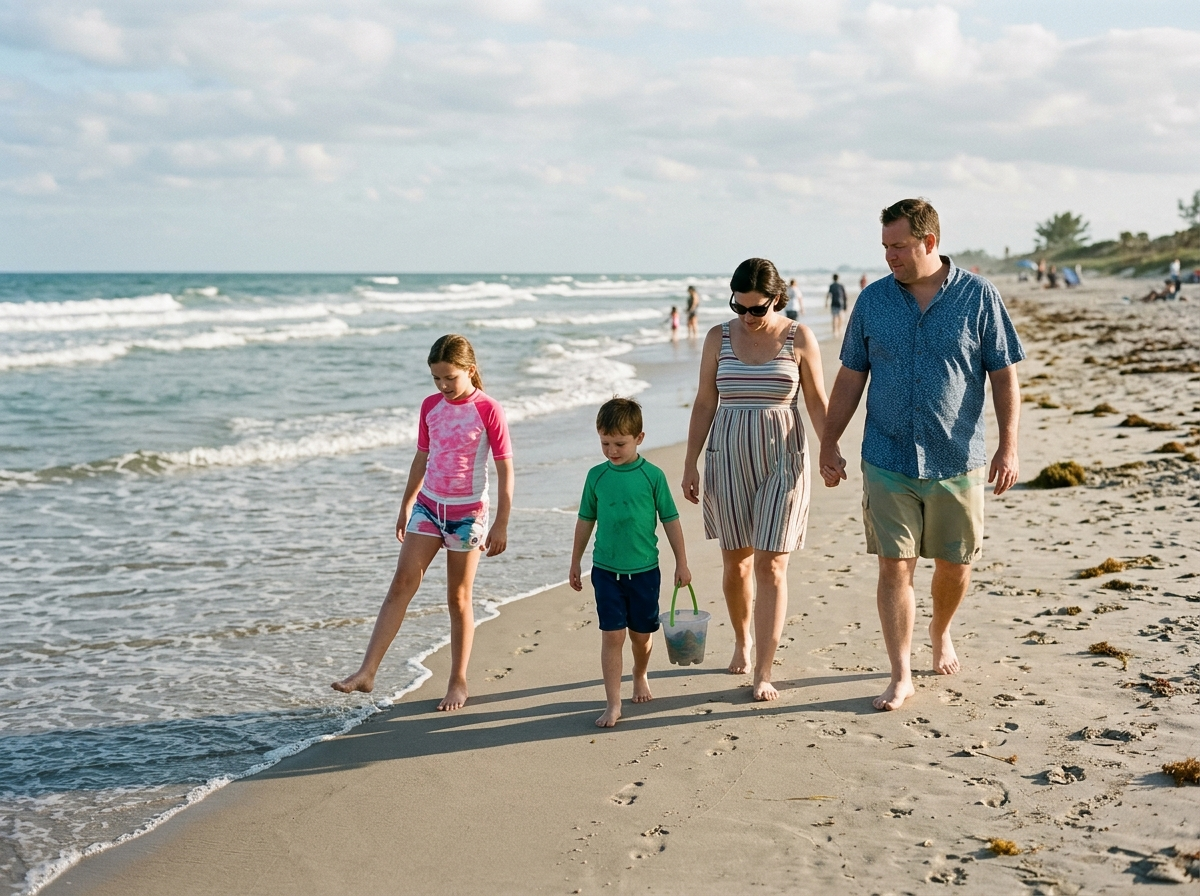 Family of four walking along a sunny beach shoreline, with waves and other beachgoers in the background.