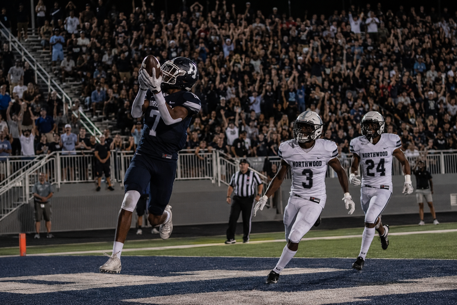 Football player catches a touchdown pass in the end zone during a packed night game under bright lights.