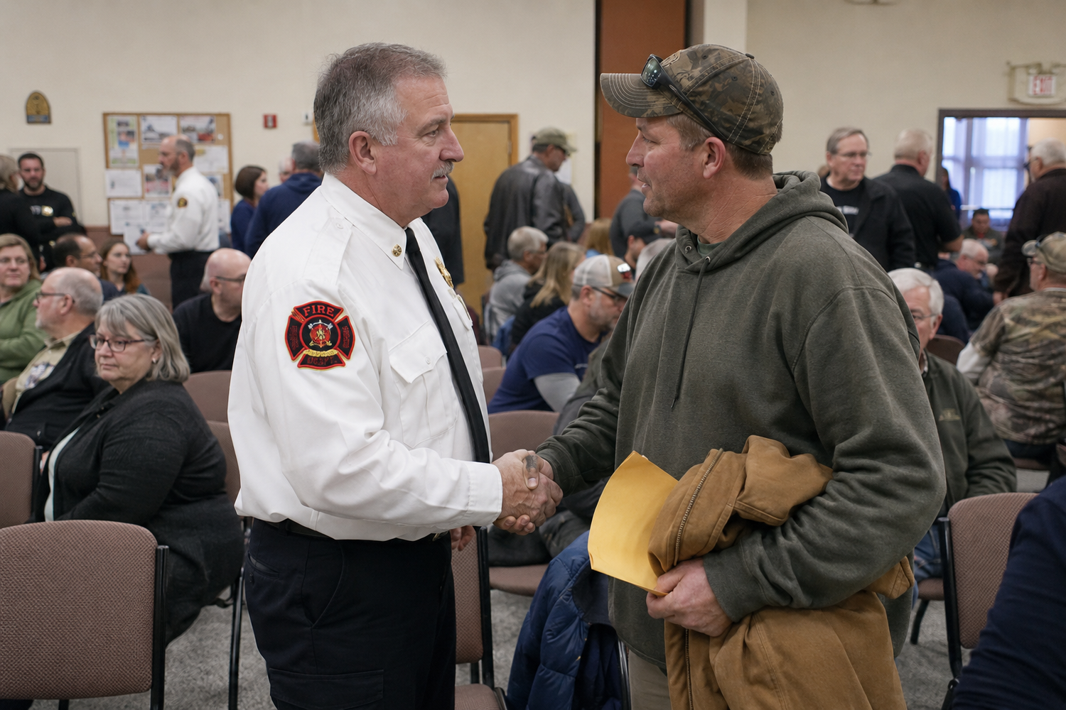 A firefighter in uniform shakes hands with a man at a community meeting in a crowded room.