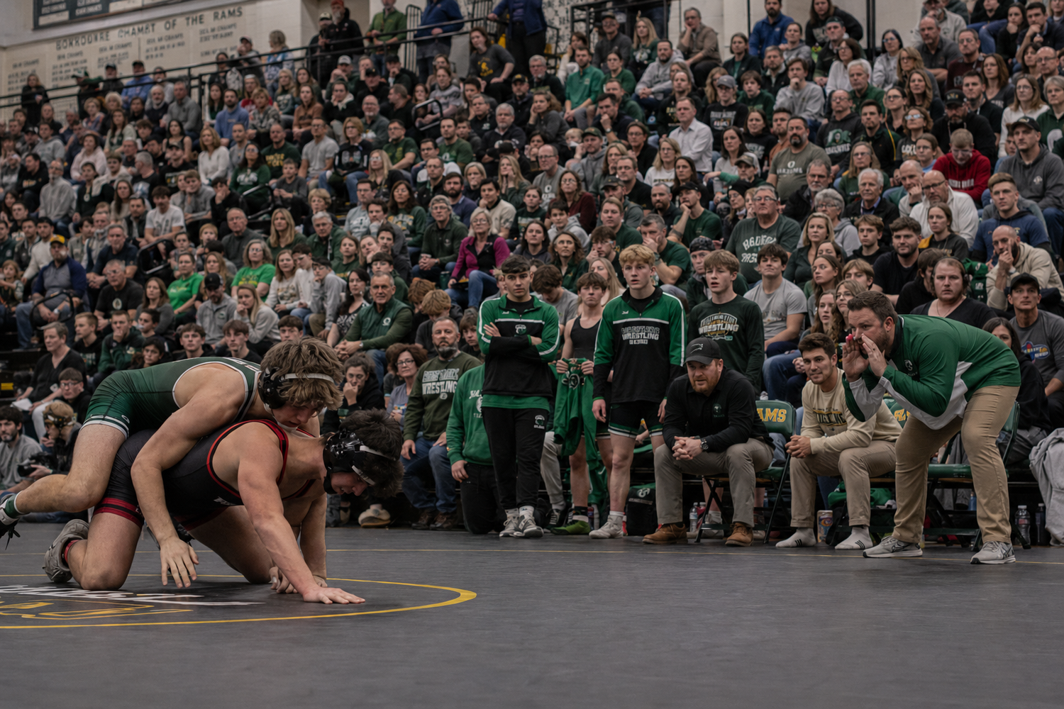 Two wrestlers compete on a mat as coaches and fans in green cheer from the sidelines in a packed gymnasium.