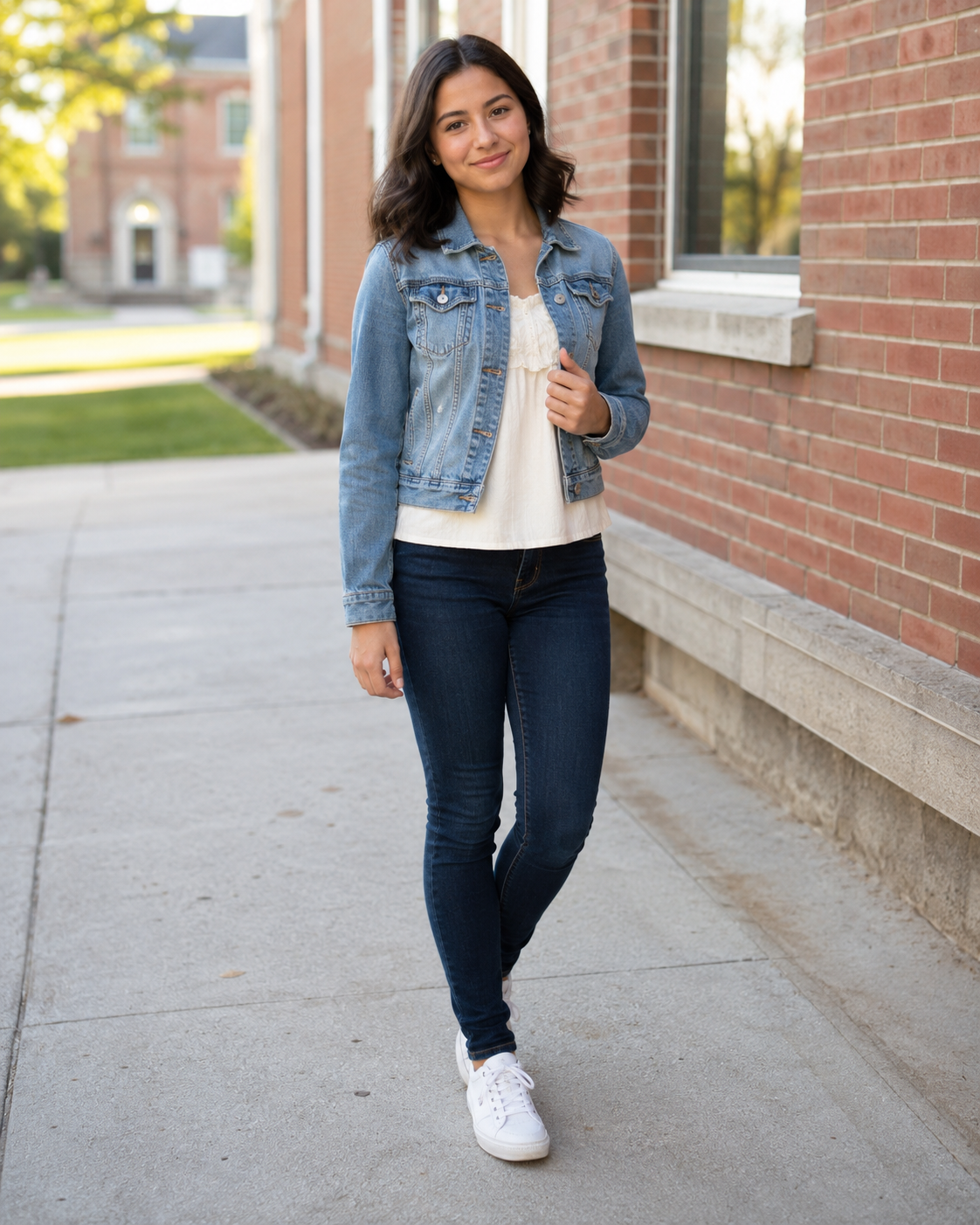 Young woman in denim jacket, white top, dark skinny jeans, and white sneakers walking on a sidewalk.