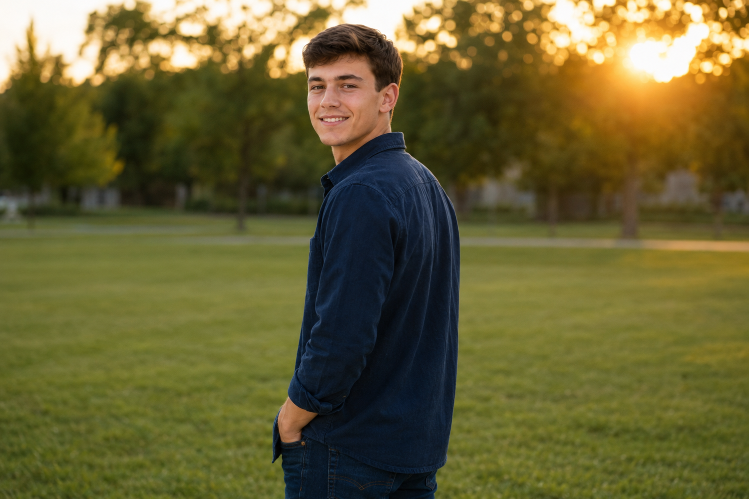 Smiling young man in navy shirt standing on green lawn at golden hour sunset.