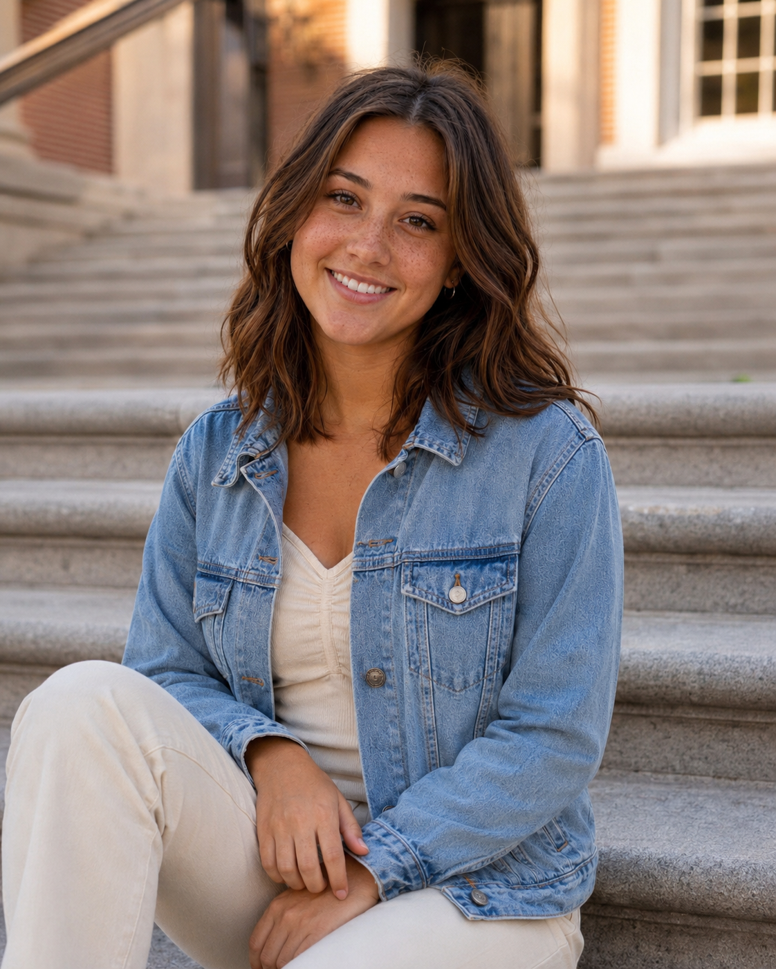 Young woman in denim jacket smiling on stone steps of a building in natural light.