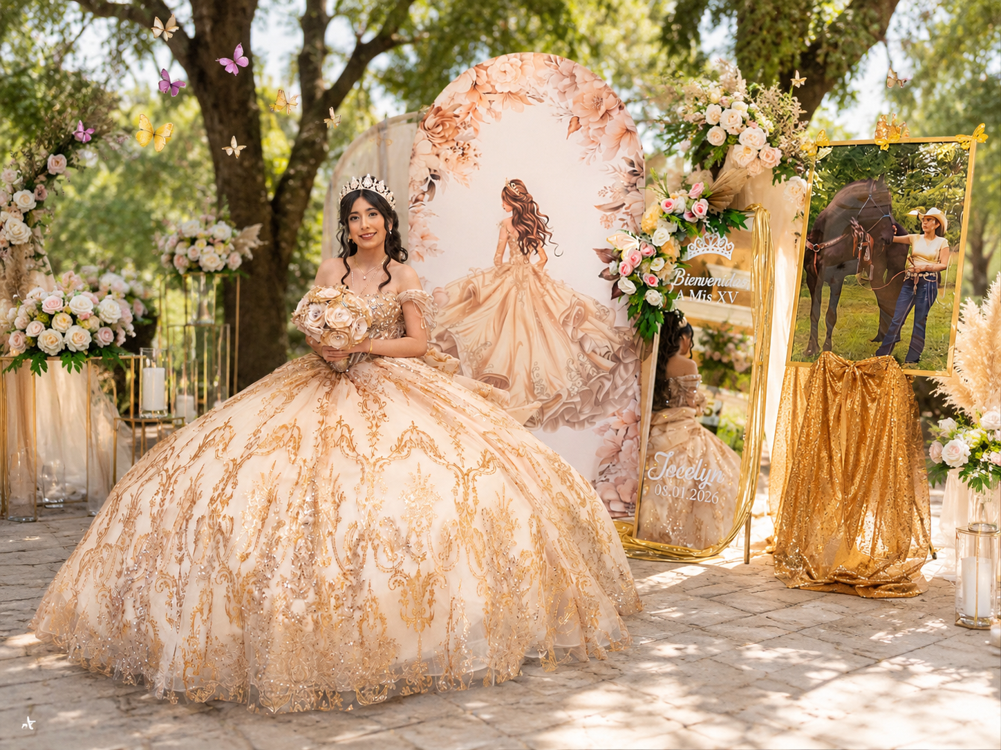 Young woman in ornate gold quinceañera ball gown with tiara poses outdoors among floral decorations.