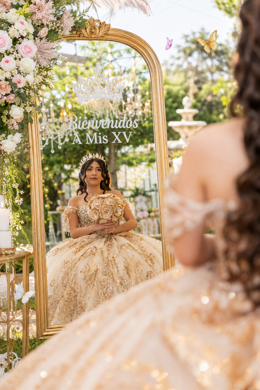 A young woman in a gold quinceañera ball gown poses before a ornate mirror reading Bienvenidos A Mis XV at an outdoor party.