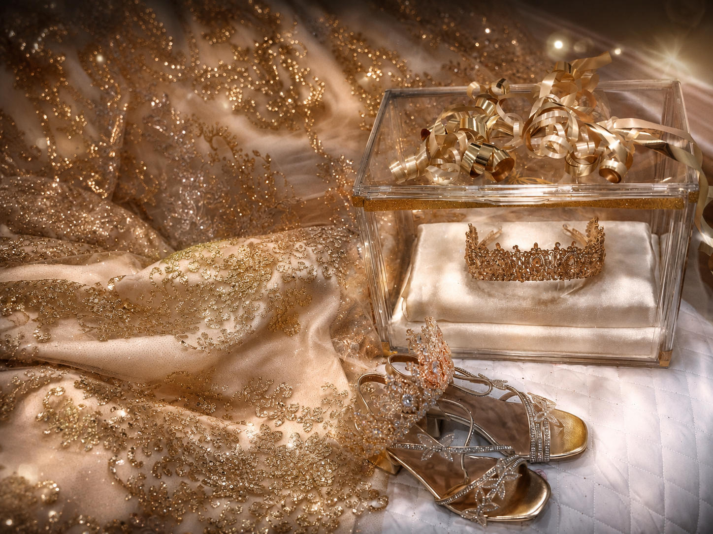 Luxurious golden gown with glittering crown and heels displayed elegantly in a crystal box on white fabric.
