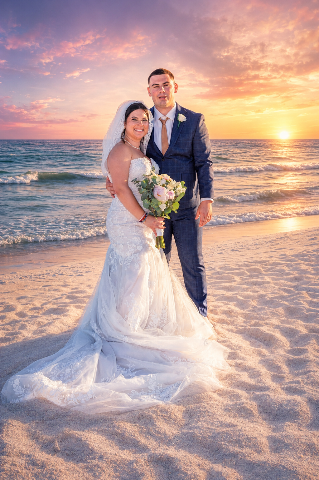 Bride and groom embrace on a sandy beach at sunset, with colorful pink and purple skies over the ocean.