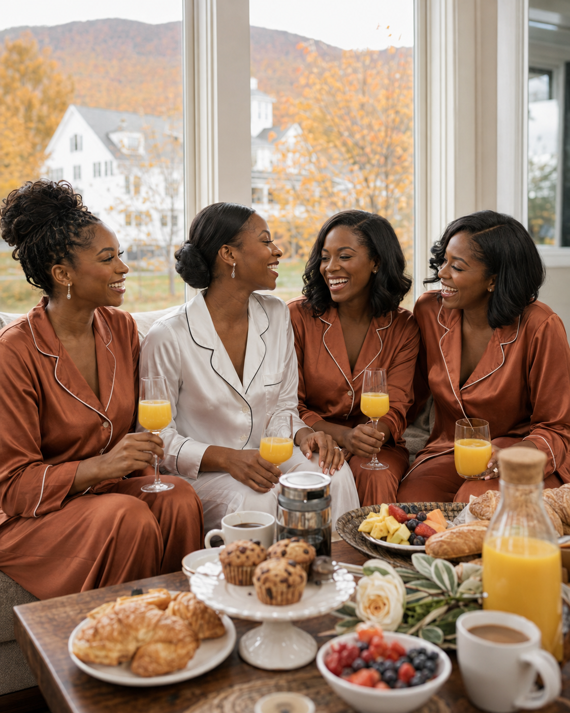 Four women in satin pajamas enjoy a bridal brunch with orange juice, muffins, and croissants by a window with autumn views.