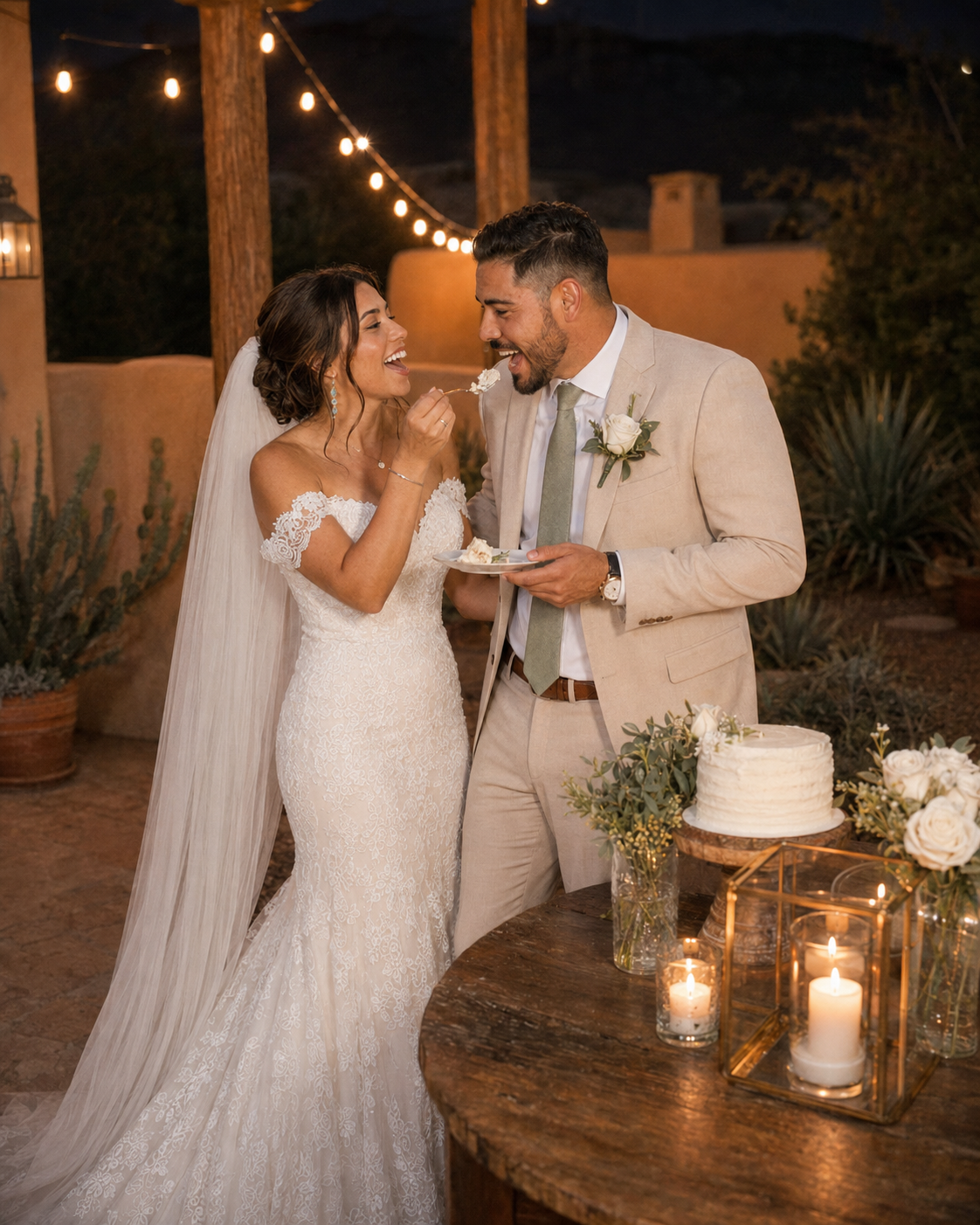 Bride and groom cutting wedding cake outdoors at night, surrounded by candlelight and string lights.