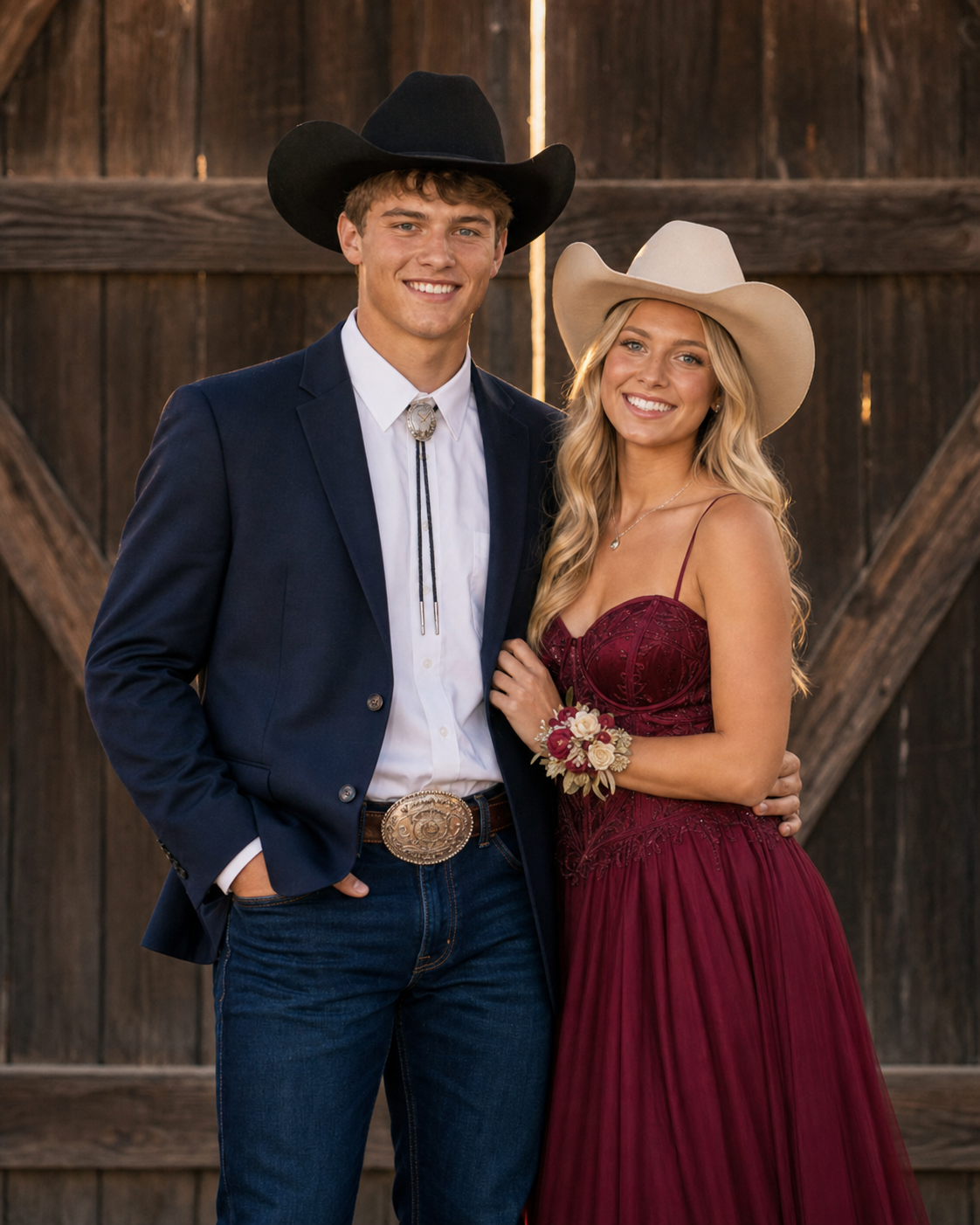 Smiling couple in western-style prom outfits with cowboy hats and bolo tie pose before barn doors.