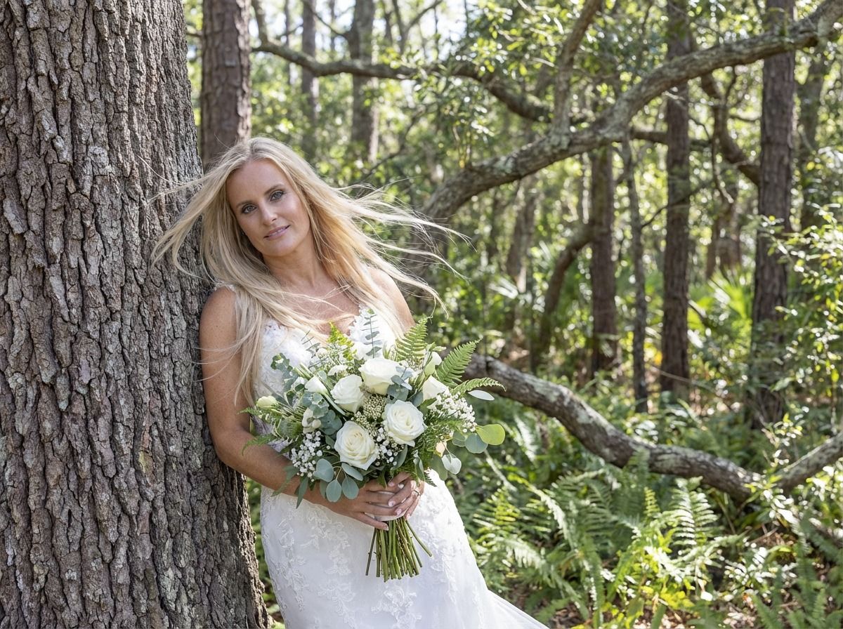 Bride in white lace gown holding white floral bouquet leaning against a tree in a lush forest setting.