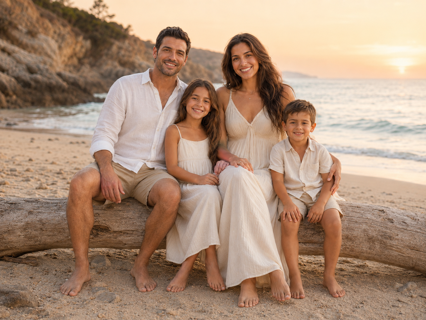 Family of four posing on driftwood at sunset beach, wearing white outfits, smiling warmly.