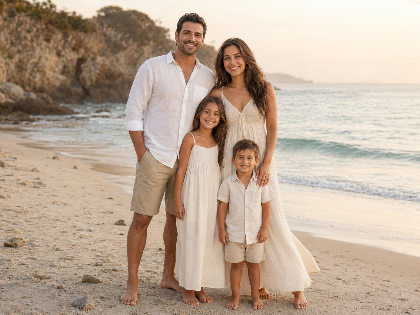 Happy family of four posing on a sandy beach at sunset, wearing coordinated white and beige outfits.