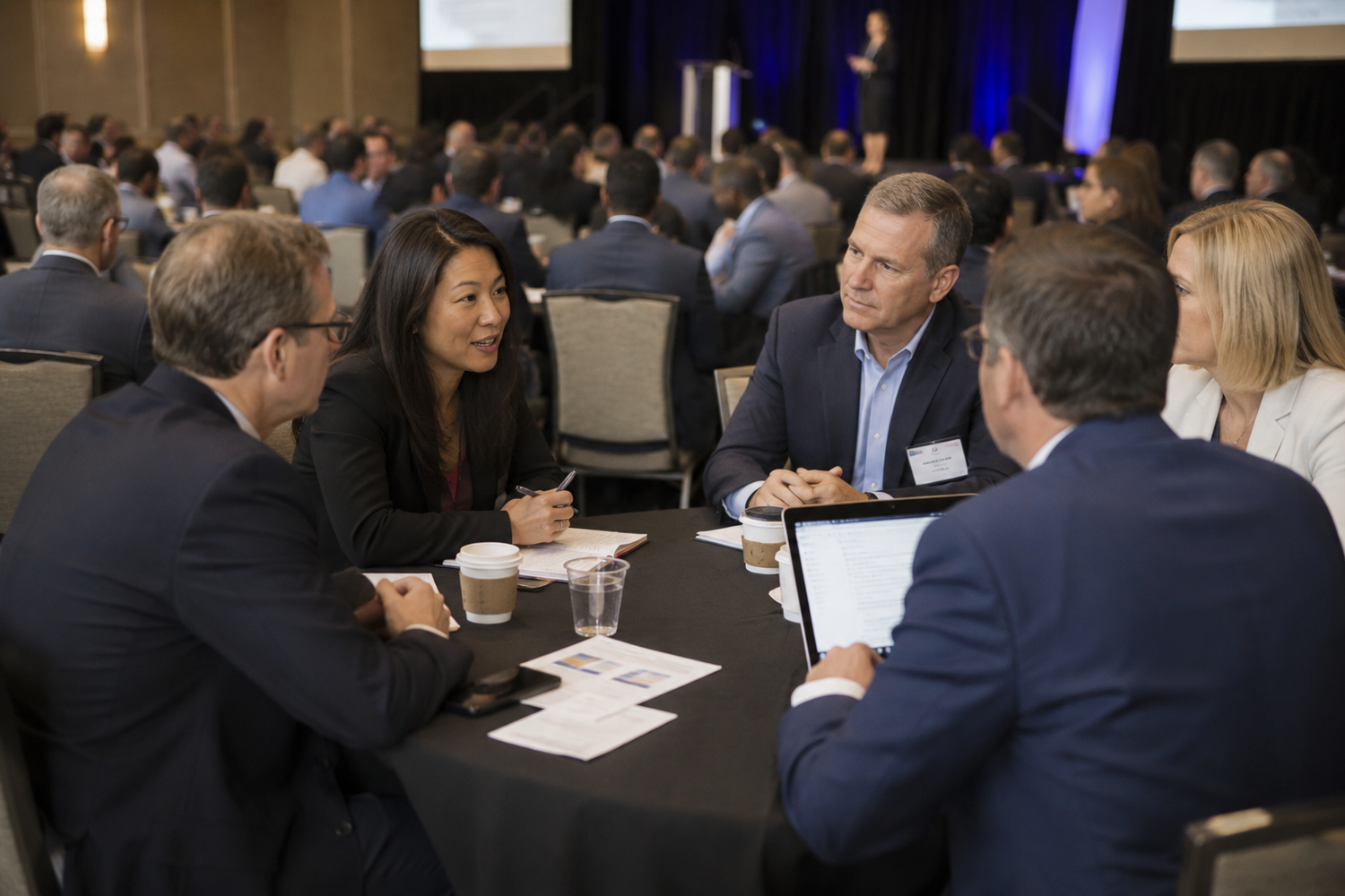Professionals networking at a business conference, engaged in discussion around a round table in a large event hall.