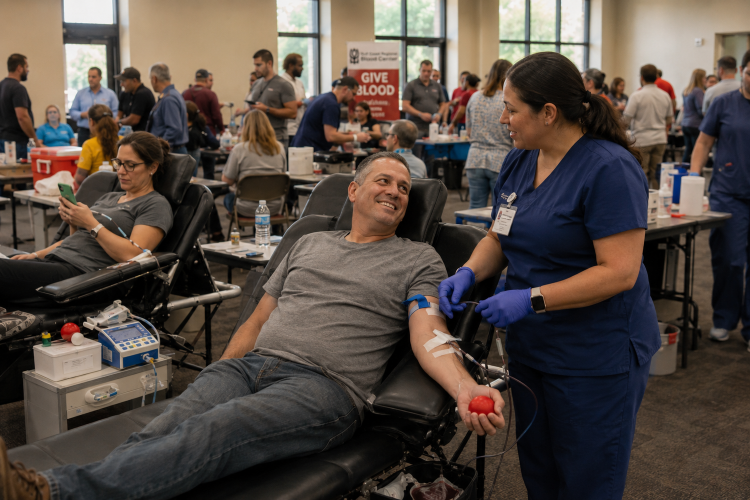 Smiling man donating blood at a community blood drive while a nurse in scrubs assists him.