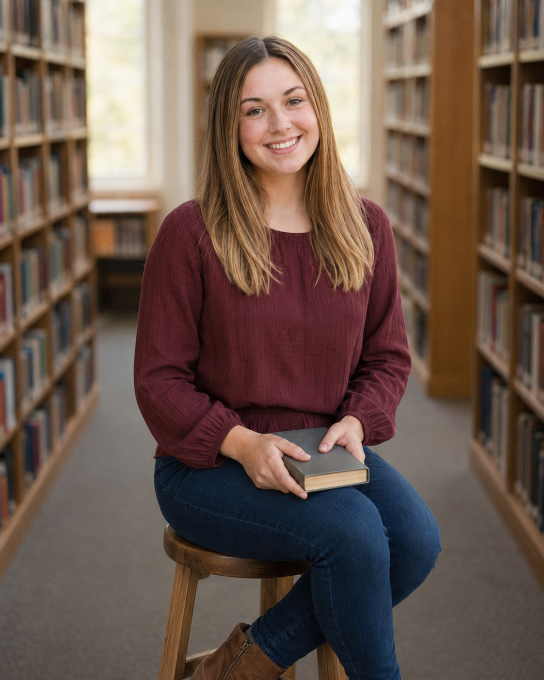 Smiling high school senior girl holding book while sitting on stool in library for portrait photo.