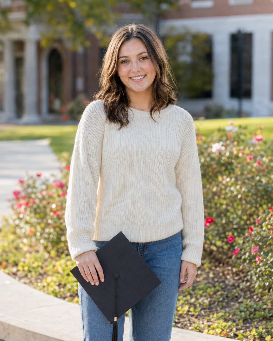 Young woman in cream sweater holding graduation cap smiling in campus garden.
