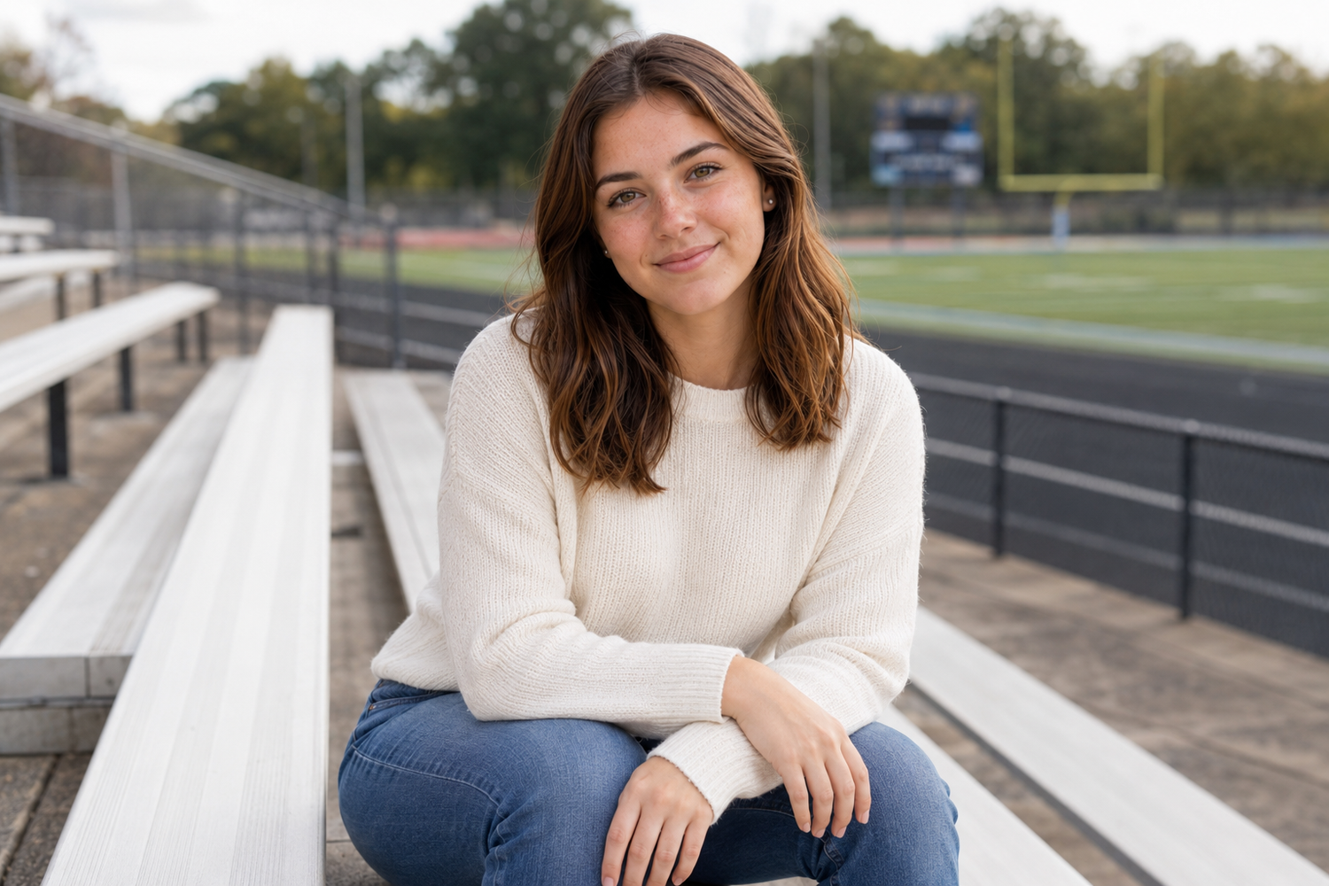 Young woman in white sweater smiling while sitting on bleachers.