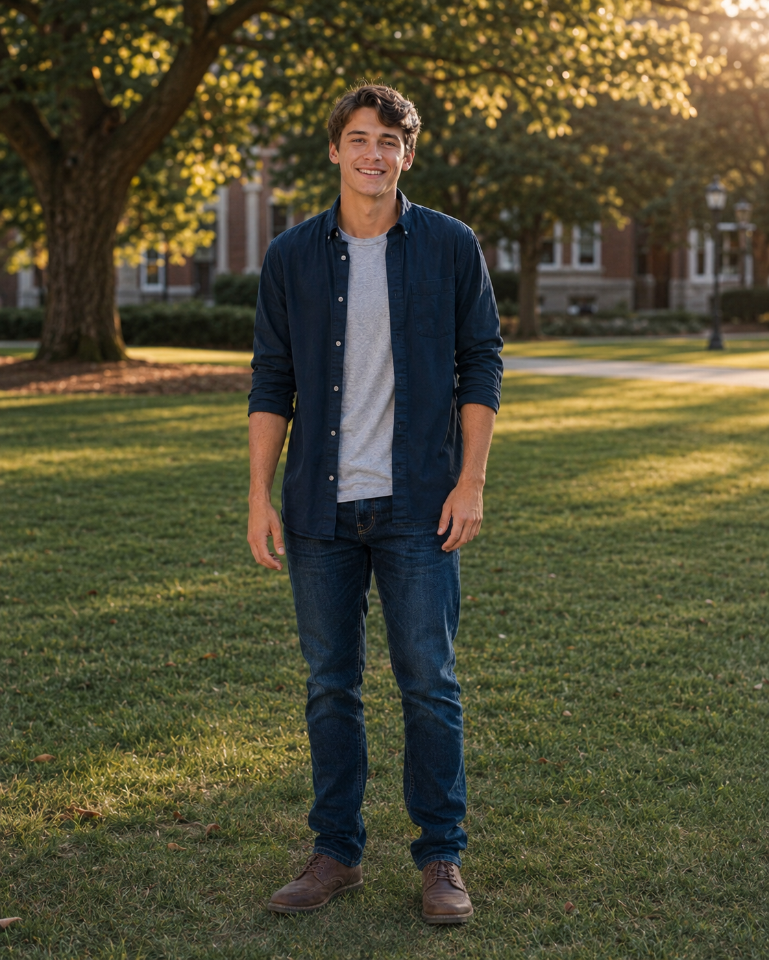 Young man in navy shirt and jeans smiling on green campus lawn at golden hour.