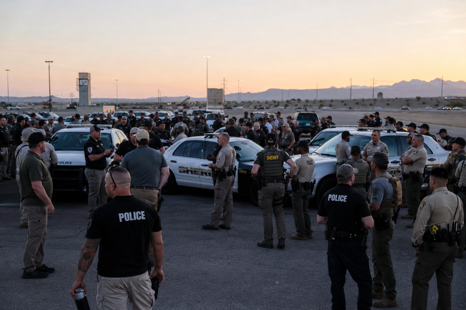 Large group of police officers and law enforcement personnel assemble in a parking lot at dusk near patrol vehicles.