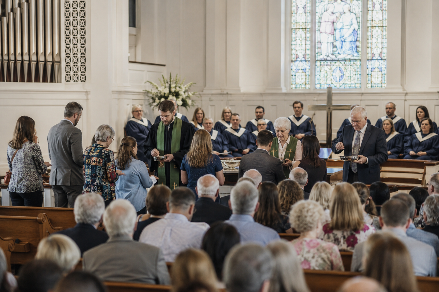 Church choir in blue robes performs during a formal worship service in a traditional white chapel.