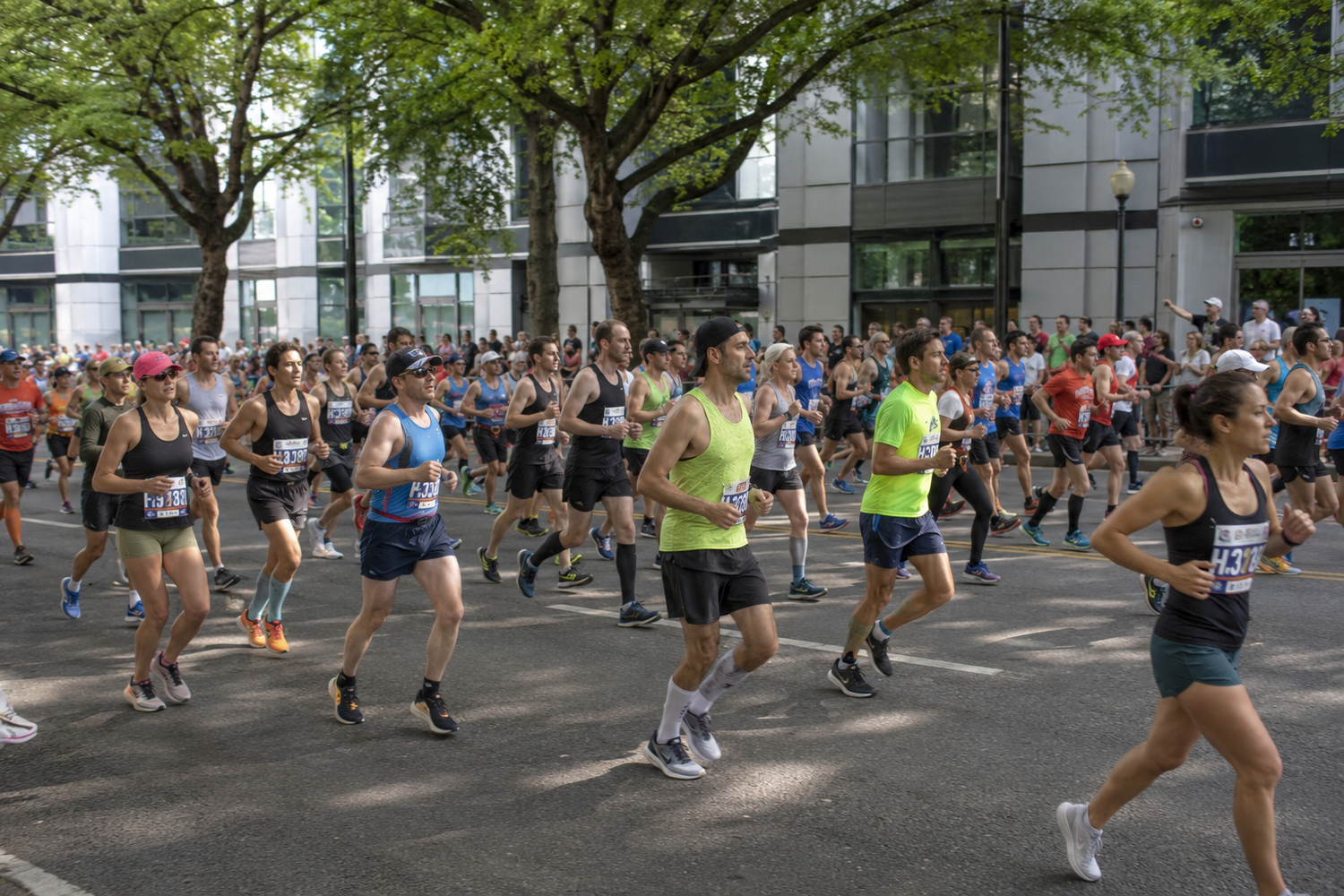 A large crowd of runners participates in a city street marathon race surrounded by green trees.