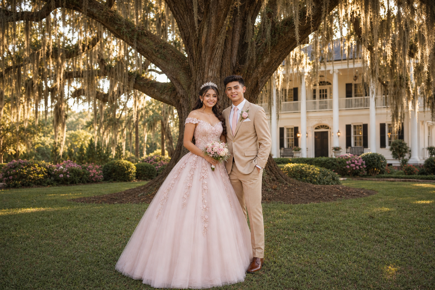 Quinceañera couple in pink gown and tan suit standing before massive oak tree at historic Southern estate.