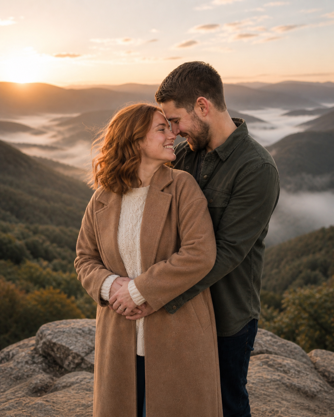 Couple embracing at sunrise on a mountain overlook with misty valleys and colorful sky in the background.