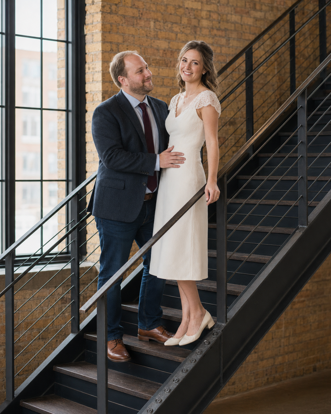 Elegant couple posing on industrial staircase, groom in navy suit, bride in white midi dress, brick wall backdrop.