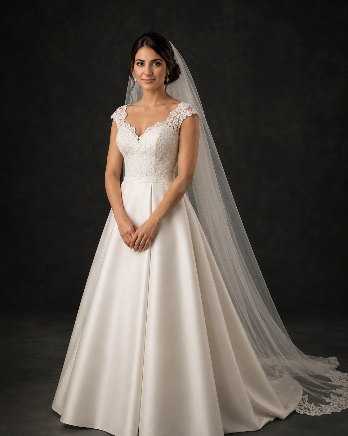 Bride in ivory A-line wedding gown with lace cap sleeves and cathedral veil, posing elegantly against dark backdrop.