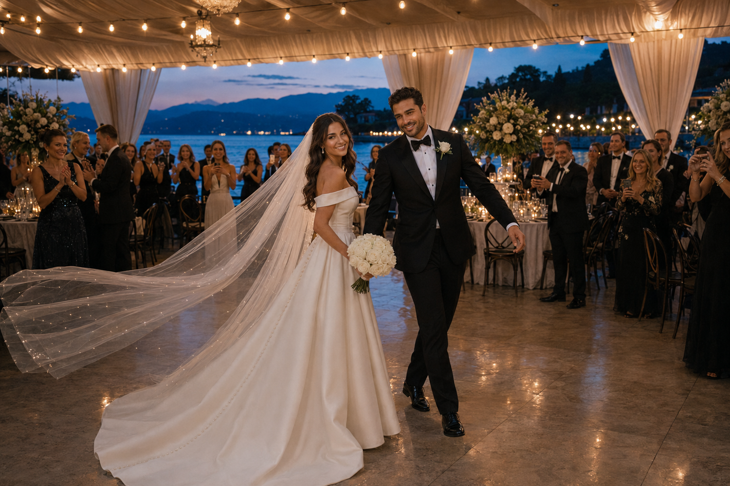 Bride and groom share first dance at elegant waterfront wedding reception with glowing string lights and guests applauding.