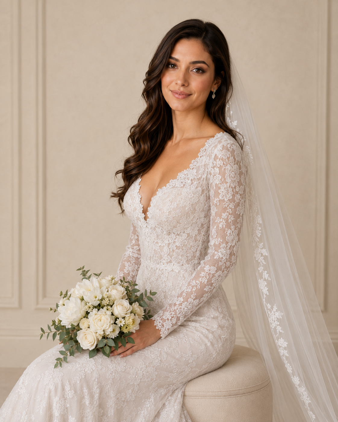Bride in long-sleeve lace wedding gown with deep V-neckline, holding white floral bouquet, wearing cathedral veil.
