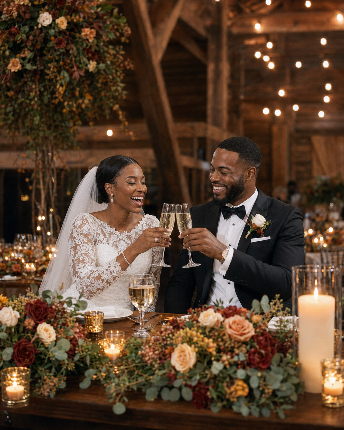 Black bride and groom toasting champagne at sweetheart table adorned with fall floral arrangements in barn venue.