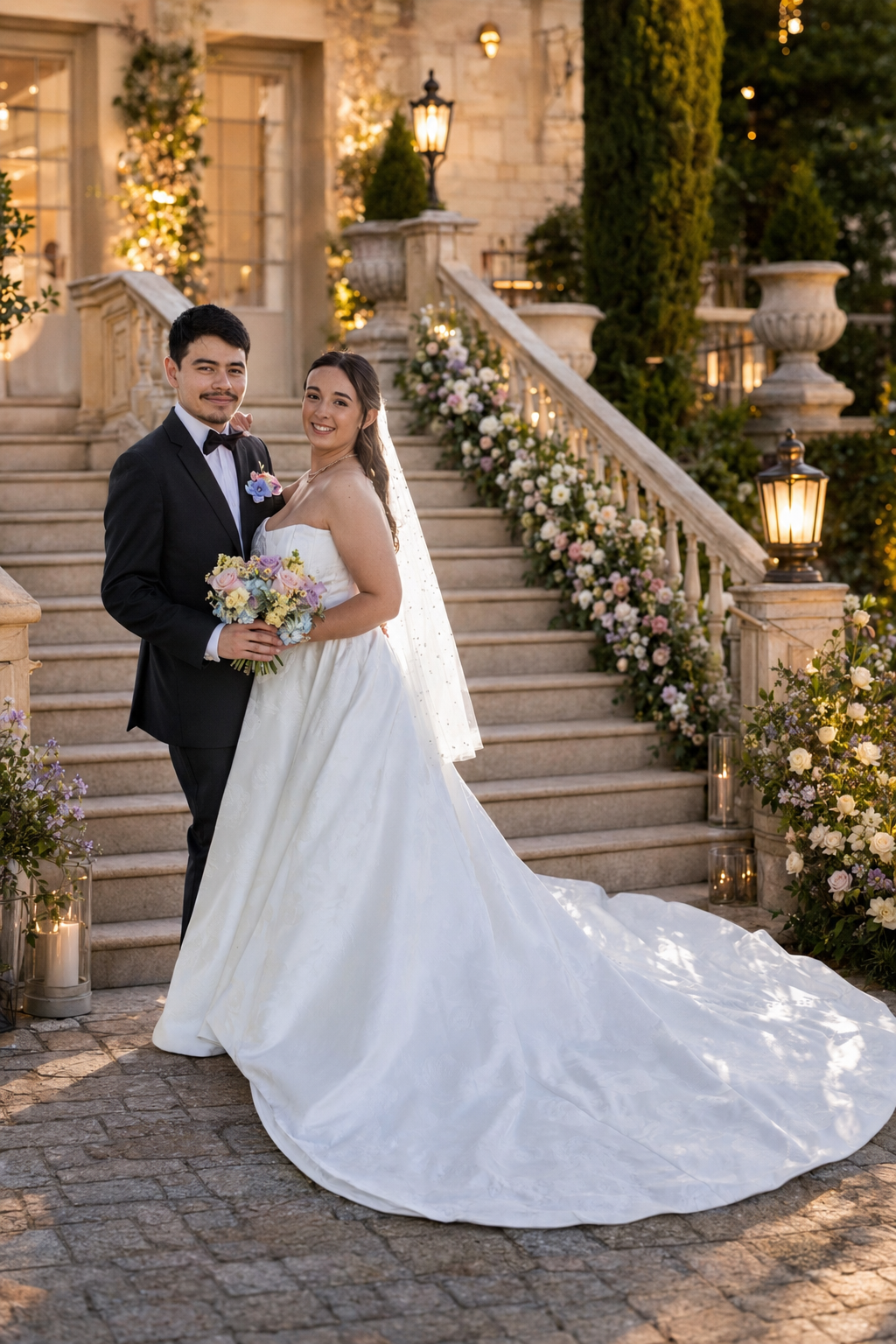 Elegant bride and groom posing on ornate staircase adorned with flowers at a luxury wedding venue.