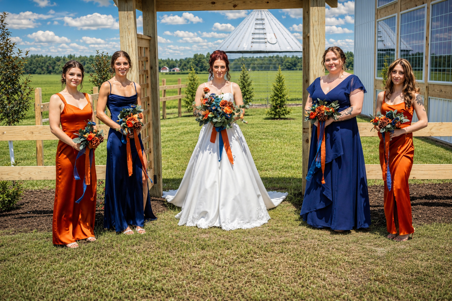 Bride in white gown with bridesmaids in orange and navy blue dresses holding bouquets outdoors at a wedding venue.