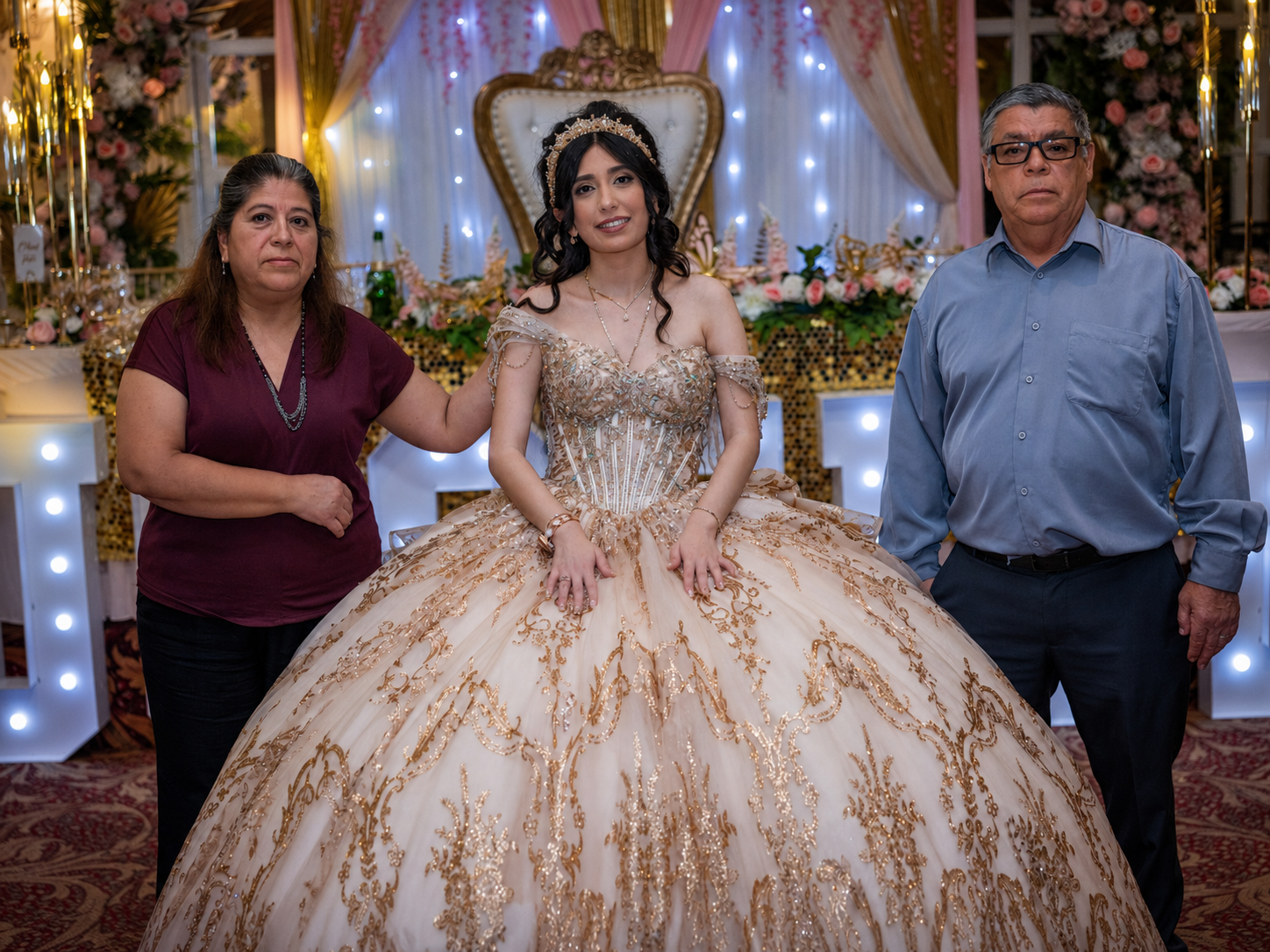 A young woman in a gold quinceañera gown poses with two adults in a decorated event hall.
