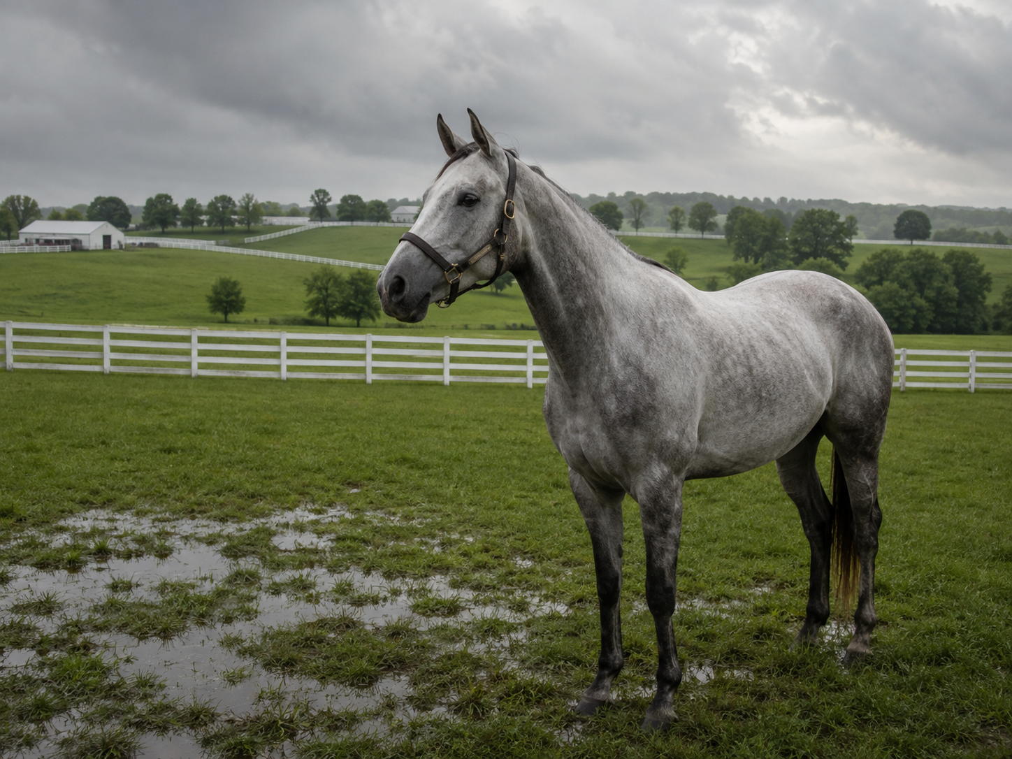 A dapple gray horse stands in a lush green pasture with white fencing on a cloudy day.