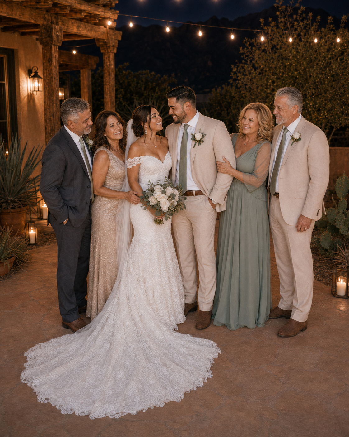 Wedding couple in white gown and tan suit pose with family under string lights at outdoor evening reception.