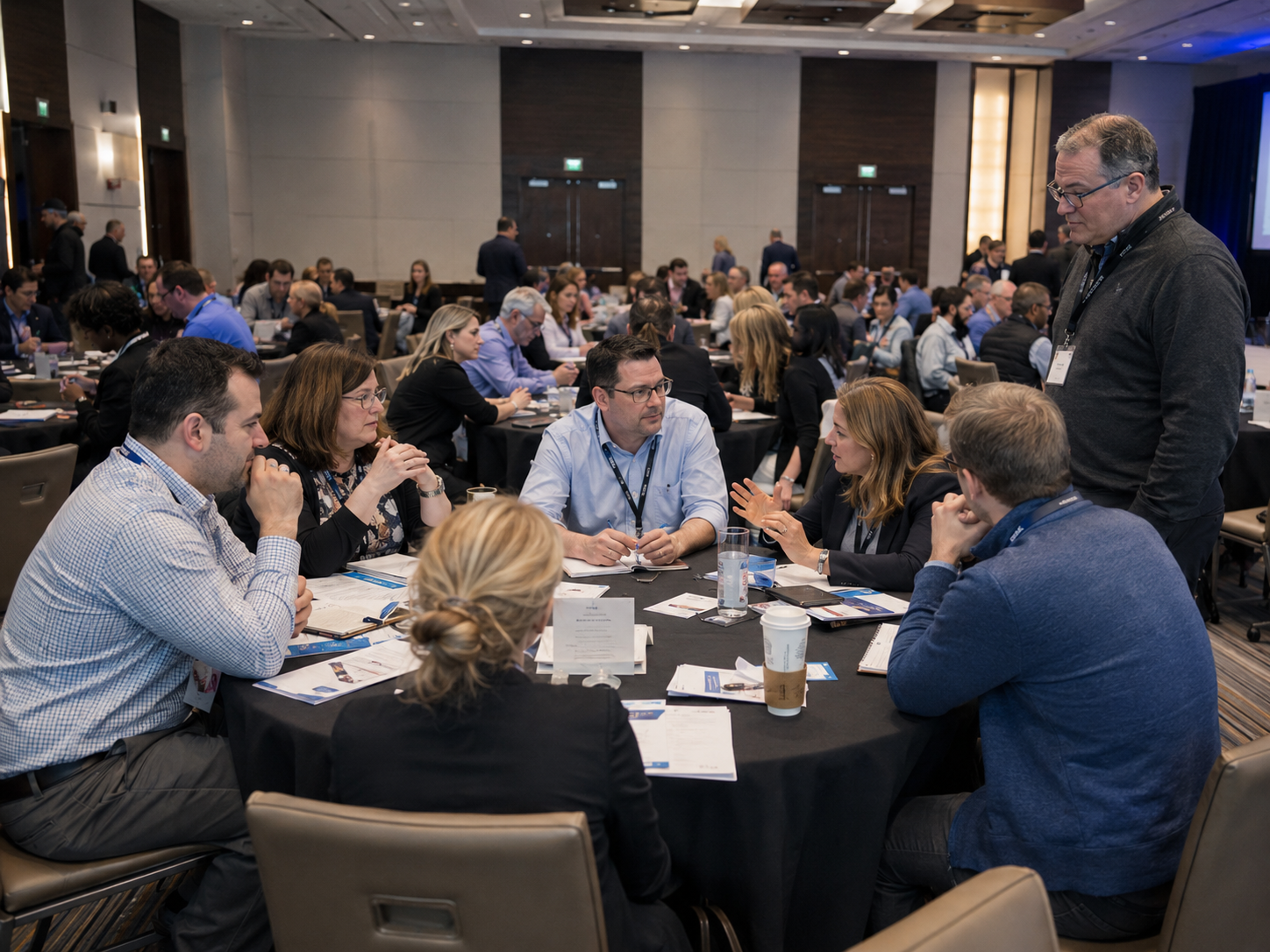 Business professionals engaged in group discussion at round tables during a corporate conference or networking event.