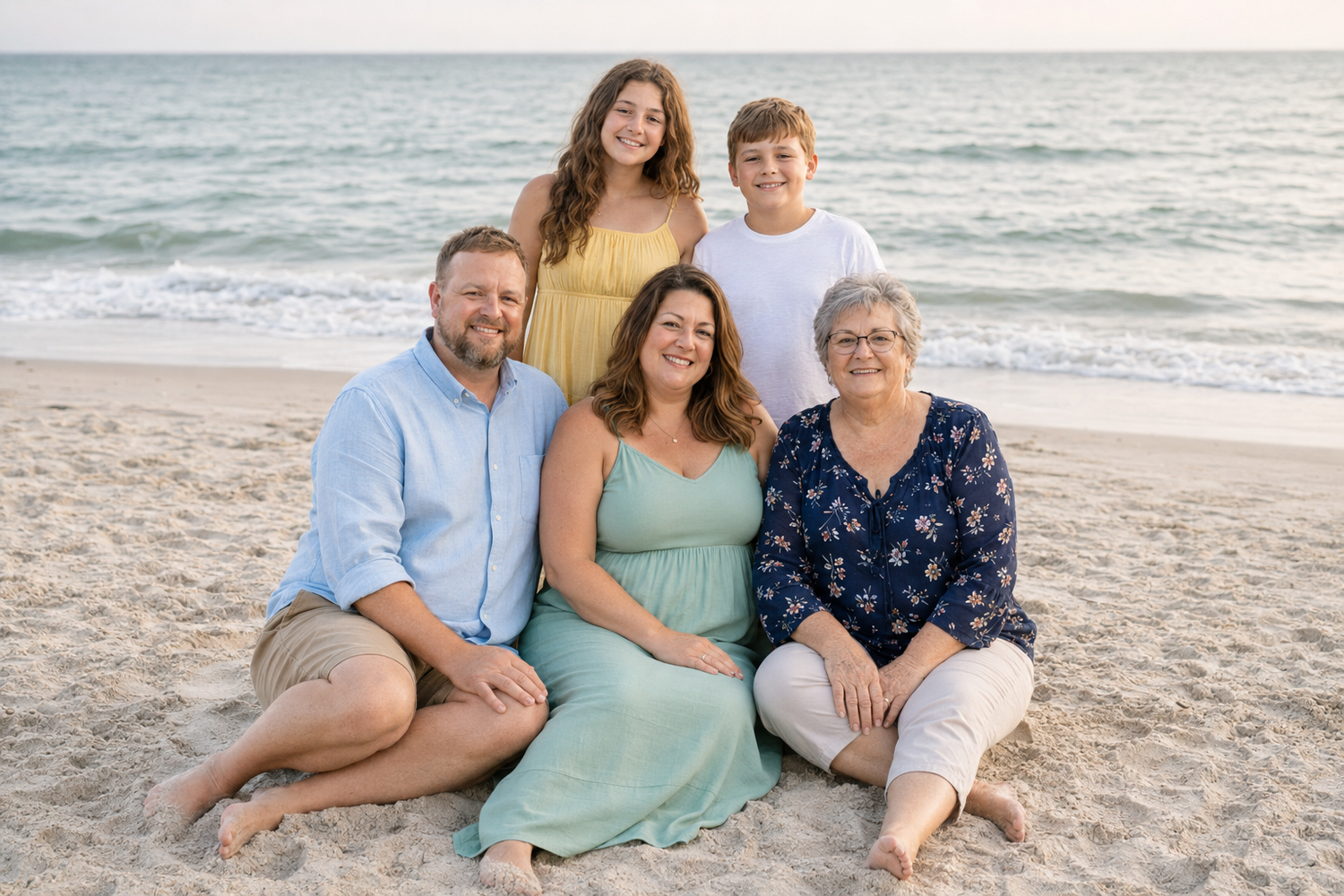 Family of five smiling together on a sandy beach at sunset.